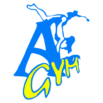Logo Abbeville Gym bleu et jaune avec silhouettes de gymnastes