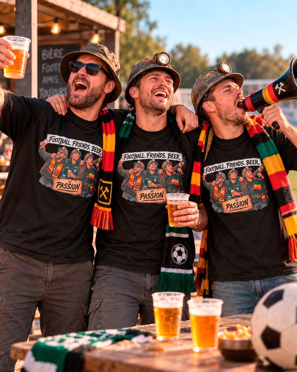 Trois amis portant des t-shirts noirs personnalisés Les 3 Copains