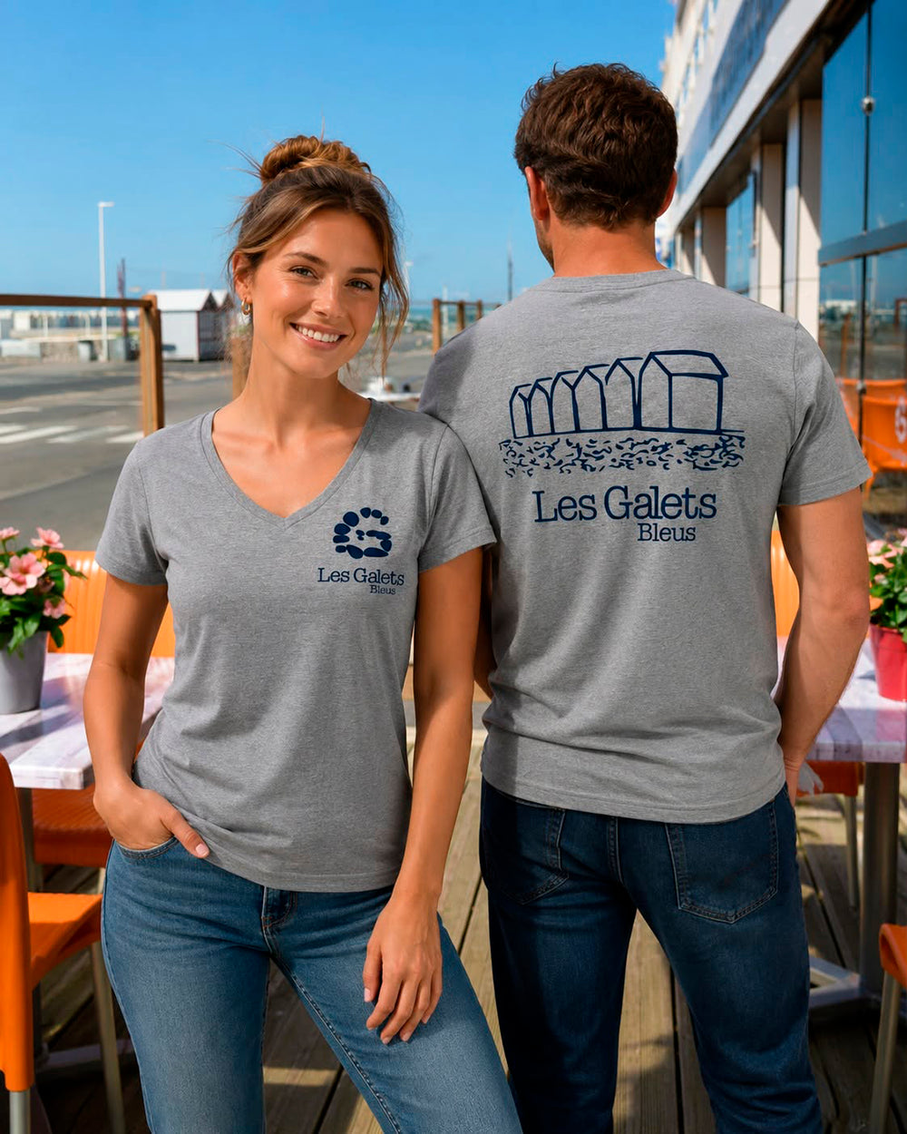 T-shirts gris Les Galets Bleus Le Crotoy, présentés de face et de dos