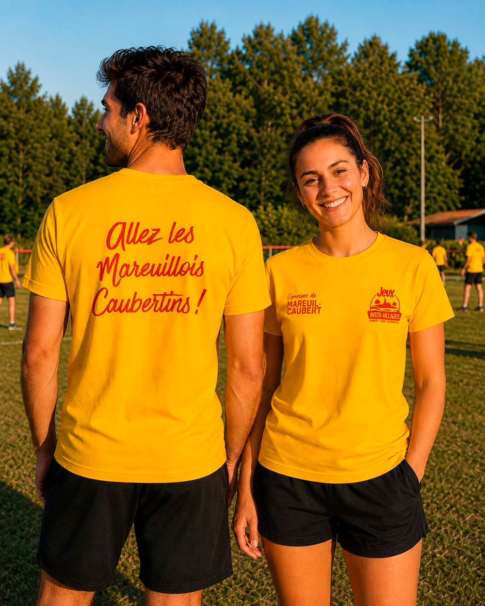T-shirts jaunes personnalisés Mareuil-Caubert, présentés de face et de dos